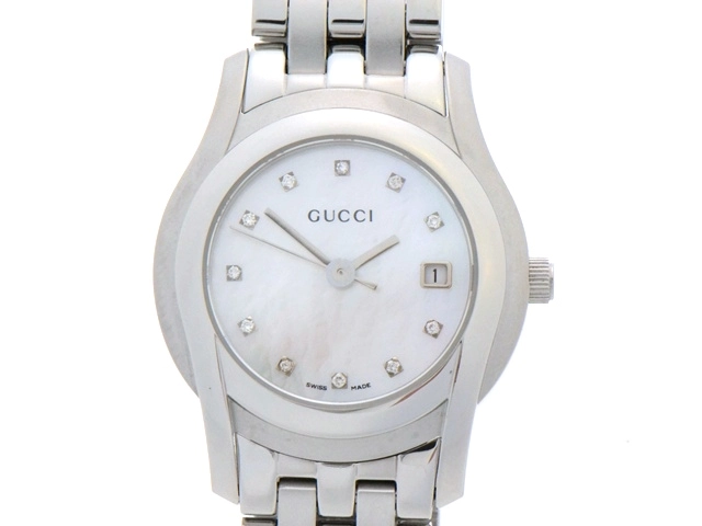 GUCCI　グッチ　Gクラス　5500L /YA055501　ステンレス　11Pダイヤモンド　シェル文字盤　女性用クオーツ時計【473】