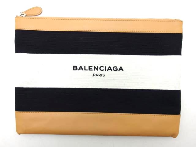 BALENCIAGA　バレンシアガ　ネイビークリップＭ　ブラウン　ブラック　ホワイト　キャンバス　カーフ【435】
