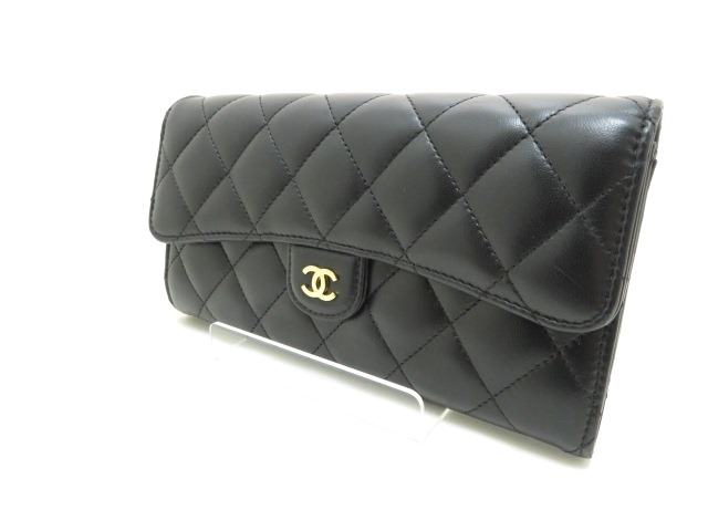 CHANEL　シャネル　長財布　マトラッセ二つ折り長財布　A80758　ラムスキン　ブラック　ゴールド金具　【205】