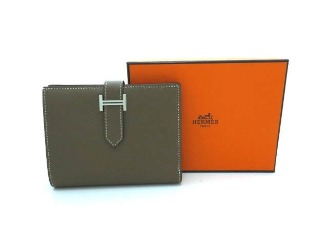 HERMES エルメス ベアンコンパクト 二つ折り財布 エトゥープ ヴォーエプソン Z刻印 シルバー金具【473】
