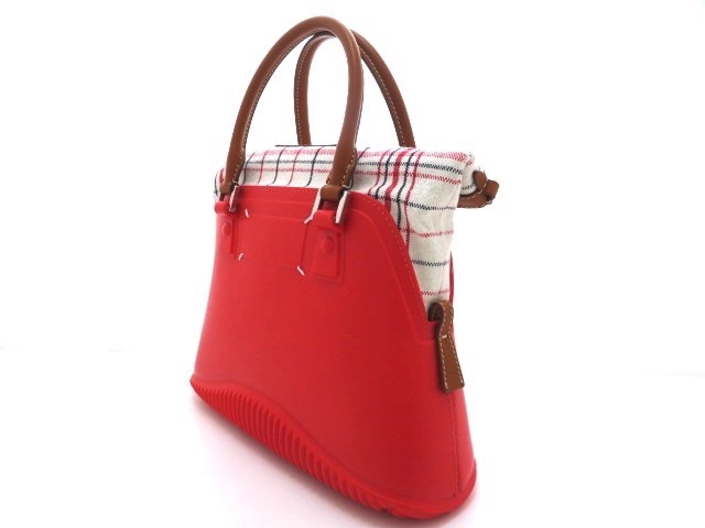 Maison Margiela メゾン・マルジェラ 5AC ミニ2WAYバッグ レッド チェック柄 キャンバス レザー ラバー【473】