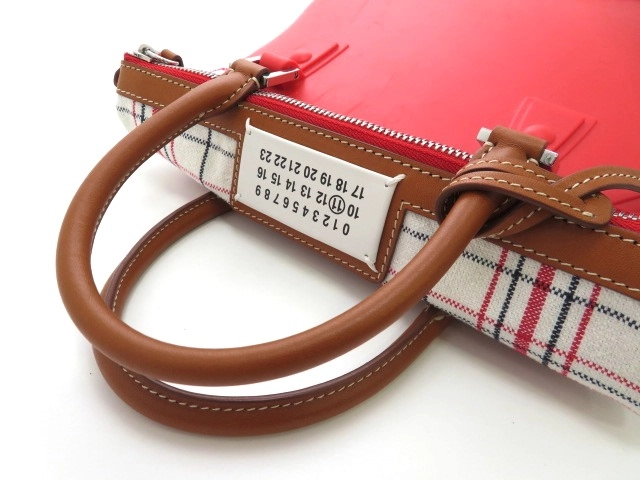 Maison Margiela メゾン・マルジェラ 5AC ミニ2WAYバッグ レッド チェック柄 キャンバス レザー ラバー【473】