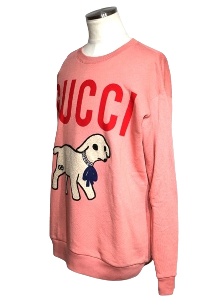 GUCCI グッチ スウェット トレーナー オーバーサイズ メンズL ピンク ドッグ コットン ラインストーン 469250 （2143100477636）【200】