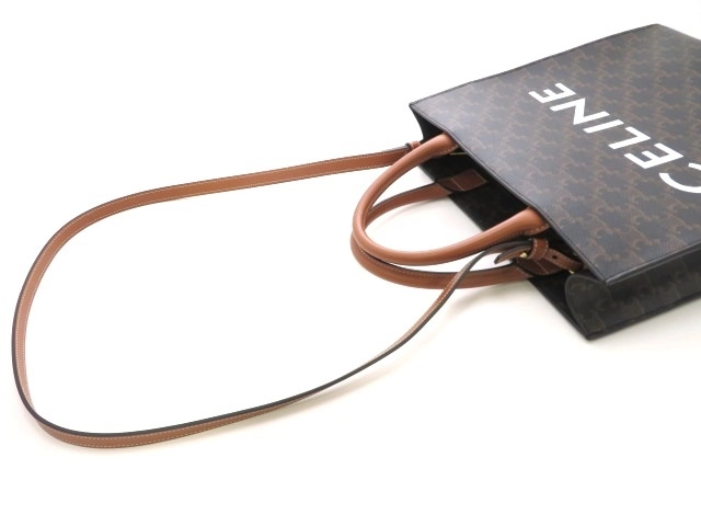 CELINE セリーヌ 2WAYバッグトリオンフ スモール バーティカル カバ トートバッグ タン コーティングキャンバス レザー【473】