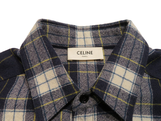 CELINE セリーヌ チェック柄ネルシャツ メンズ38 ネイビー CELINE セリーヌ チェック柄ネルシャツ メンズ38 ネイビー