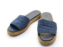 PRADA プラダ 靴 ジュート サンダル レディース37ハーフ(約24.0～24.5cm) ブルー デニム/革  2148103905650