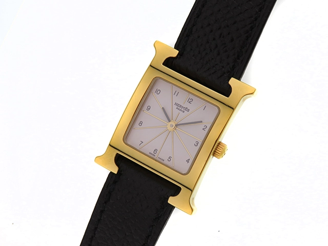 HERMES　エルメス　Hウォッチ　HH1.201　GP/革　ホワイト文字盤　クオーツ　レディース時計【430】2147200478203