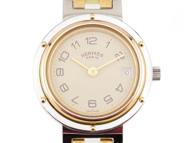 HERMES　エルメス　時計　クリッパーコンビ　GP/SS　CL4.220　クォーツ　アイボリー文字盤【207】2147300378755