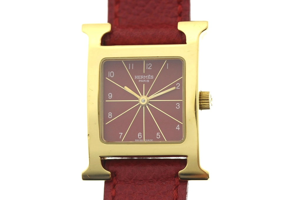 HERMES エルメス 腕時計 Hウォッチ HH1.201 GP/革 レッド文字盤