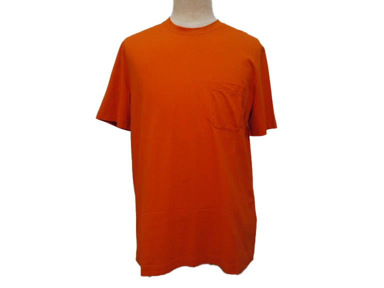HERMES　エルメス　HロゴポケットTシャツ　メンズM　オレンジ　コットン　2143200539821　【432】