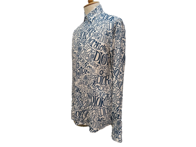 DIOR×Shawn Stussy　ディオール×ショーンステューシー　総柄シャツ　メンズ38　ブルー　レーヨン　013C501A4935　2143000675804　【432】