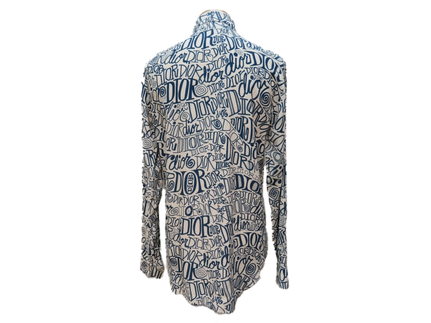 DIOR×Shawn Stussy　ディオール×ショーンステューシー　総柄シャツ　メンズ38　ブルー　レーヨン　013C501A4935　2143000675804　【432】
