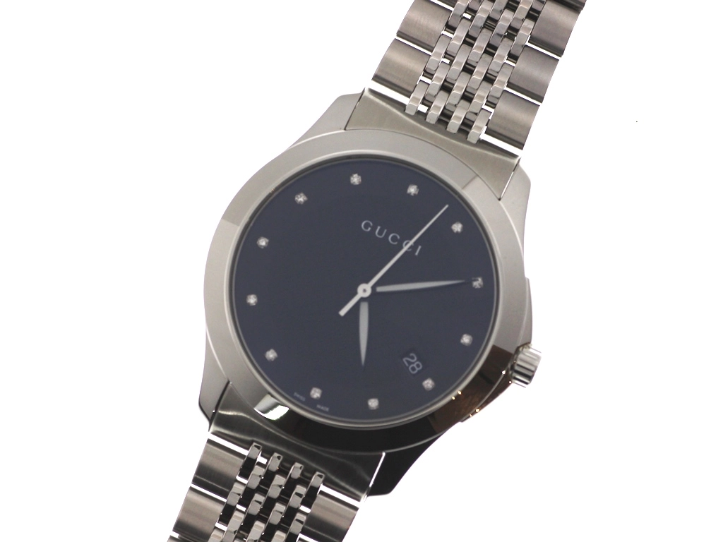GUCCI グッチ 腕時計 Gタイムレス 126.4 YA126405 ステンレス 12Pダイヤモンドブラック文字盤 クォーツ【472】EY