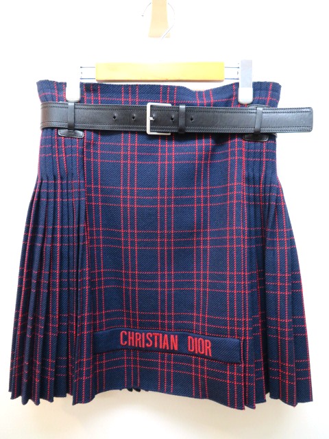 Dior　ディオール　ラップ スカート　巻き スカート　レディース 34　ネイビー　レッド　チェック　ウール　【432】