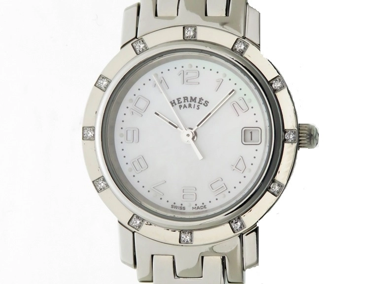良品 エルメス 腕時計 クリッパーナクレ CL4.230 ダイヤベゼル シェル