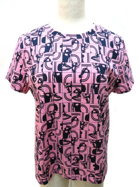 HERMES エルメス Tシャツ レディース 40 ピンク ネイビー コットン