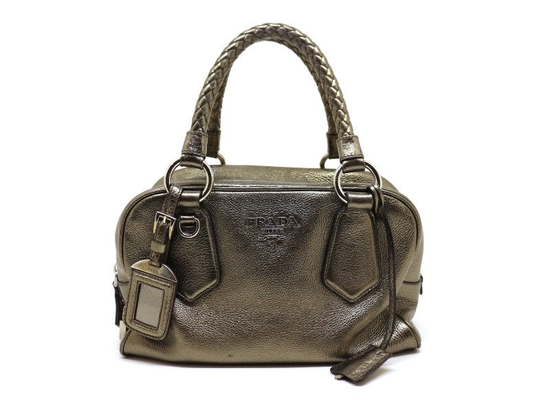 PRADA プラダ ボストンバッグ メタリックカーキ レザー