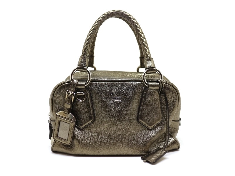 PRADA プラダ ボストンバッグ メタリックカーキ レザー