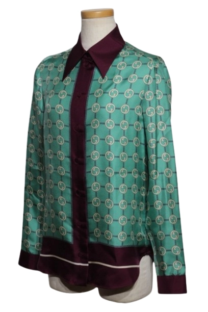 GUCCI グッチ 衣類 インターロッキングシャツ レディース36 ターコイズ/ボルドー シルク 352649 (2148103868610) 【200】