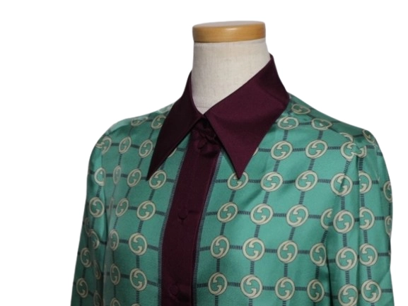 GUCCI グッチ 衣類 インターロッキングシャツ レディース36 ターコイズ/ボルドー シルク 352649 (2148103868610) 【200】