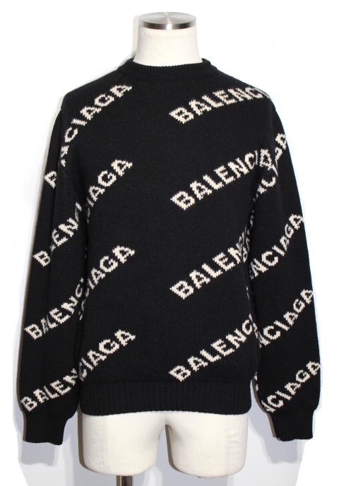美品 バレンシアガ BALENCIAGA ニット セーター ALLOVER LOGO CREWNECK ロゴ ウール トップス メンズ イタリア製 M ブラック/イエロー