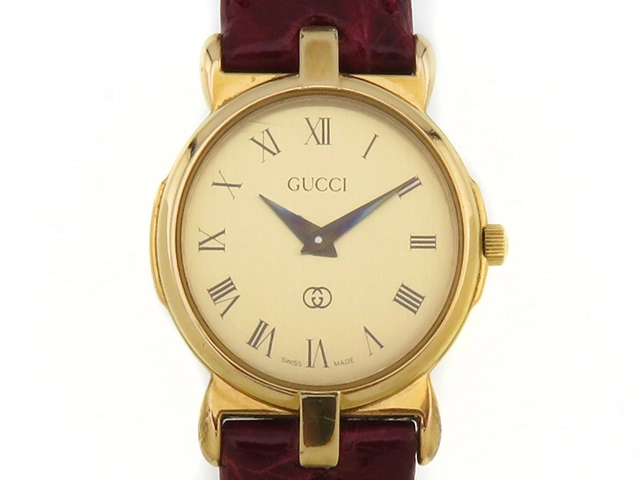 GUCCI　グッチ　3400F　L　ゴールド文字盤　クオーツ　ゴールドメッキ/革　レディース時計【207】2120700013884