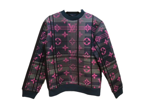 LOUIS VUITTON　ルイヴィトン　モノグラムジャカードスウェットシャツ　メンズS　ブラック/ネイビー/ピンク　1A8P0J　2143100335103　【432】