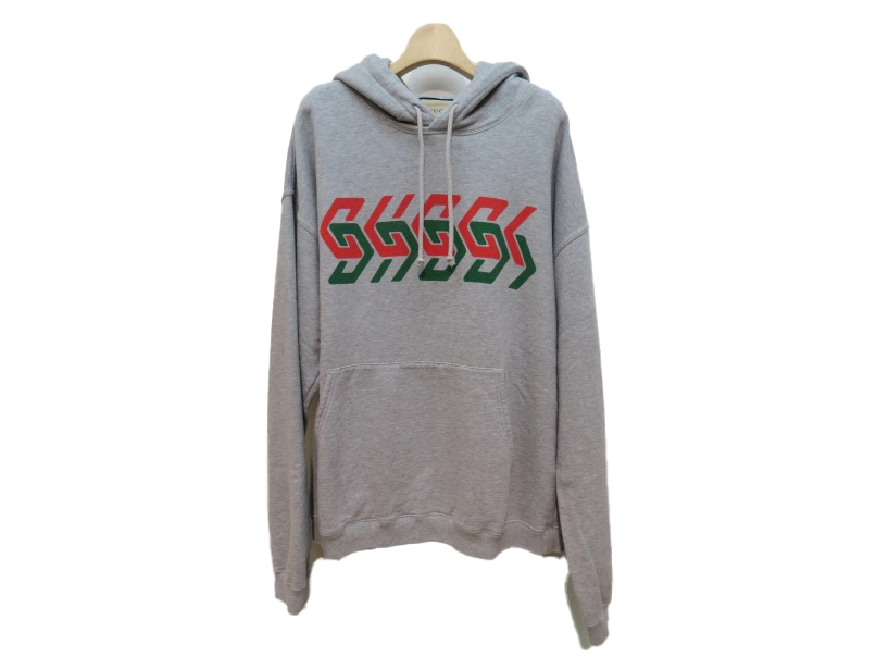GUCCI　グッチ　チェーンプリントフーテッド・スウェットシャツ　メンズXL　グレー　コットン　715911　2147100536720　【432】