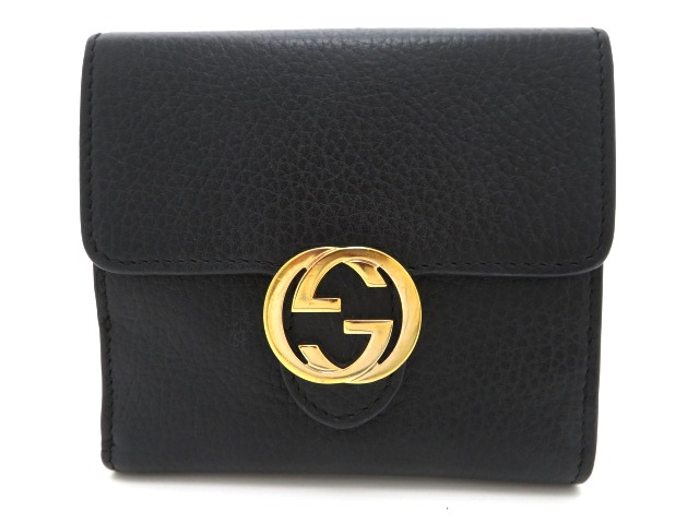 GUCCI グッチ インターロッキングG Wホック財布 ブラック レザー