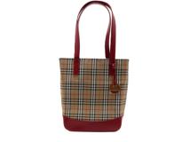 BURBERRY　バーバリー　ハンドバッグ　チェック柄トートバッグ　ベージュ/レッド　キャンバス/レザー　ZAD11-031-16　【471】　RE