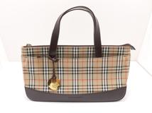 BURBERRY　バーバリー　チェック柄ハンドバッグ ダークブラウン/ベージュ キャンバス/レザー　【471】　Y
