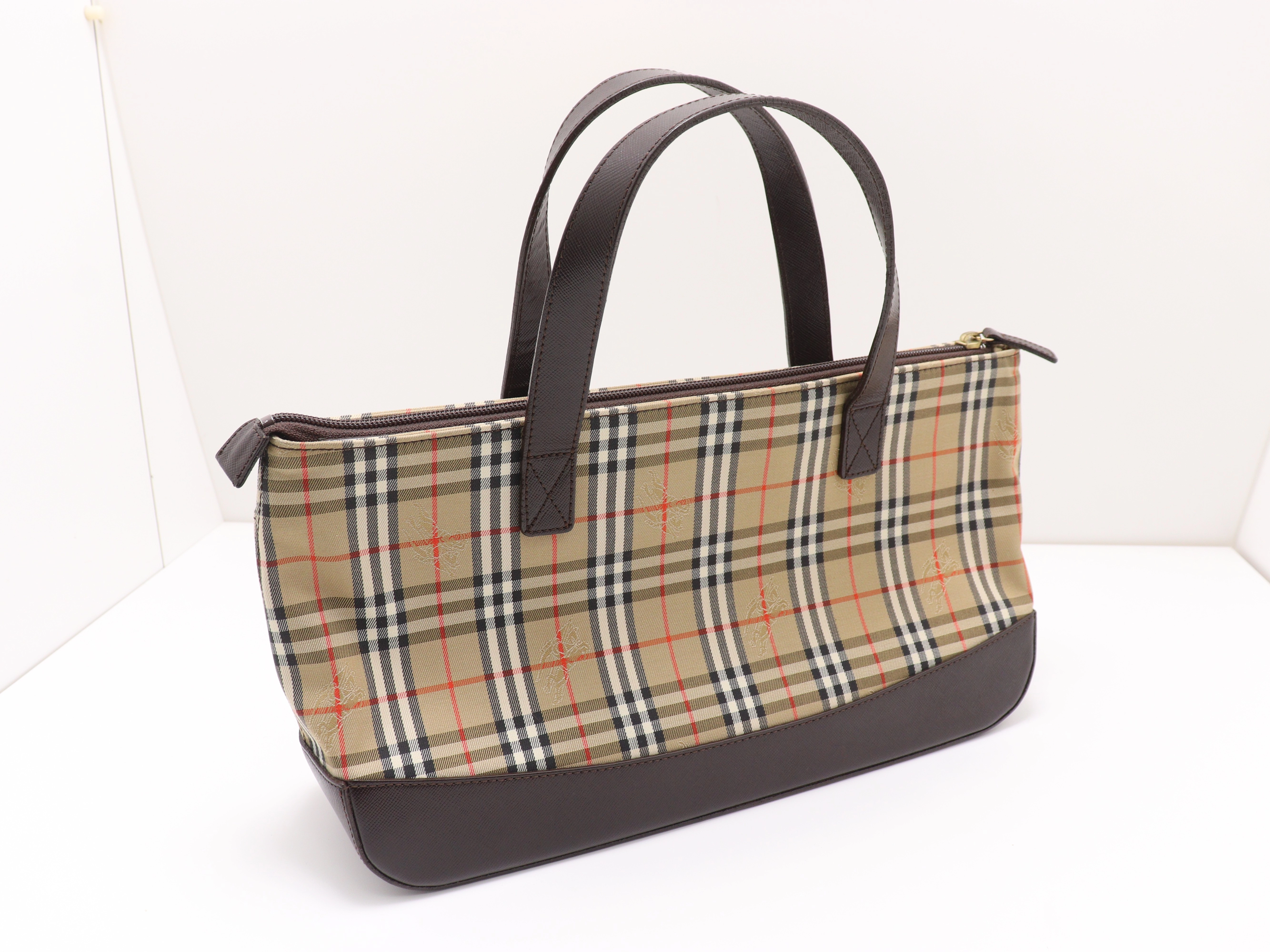 BURBERRY バーバリー チェック柄ハンドバッグ ダークブラウン/ベージュ キャンバス/レザー 【471】 Y