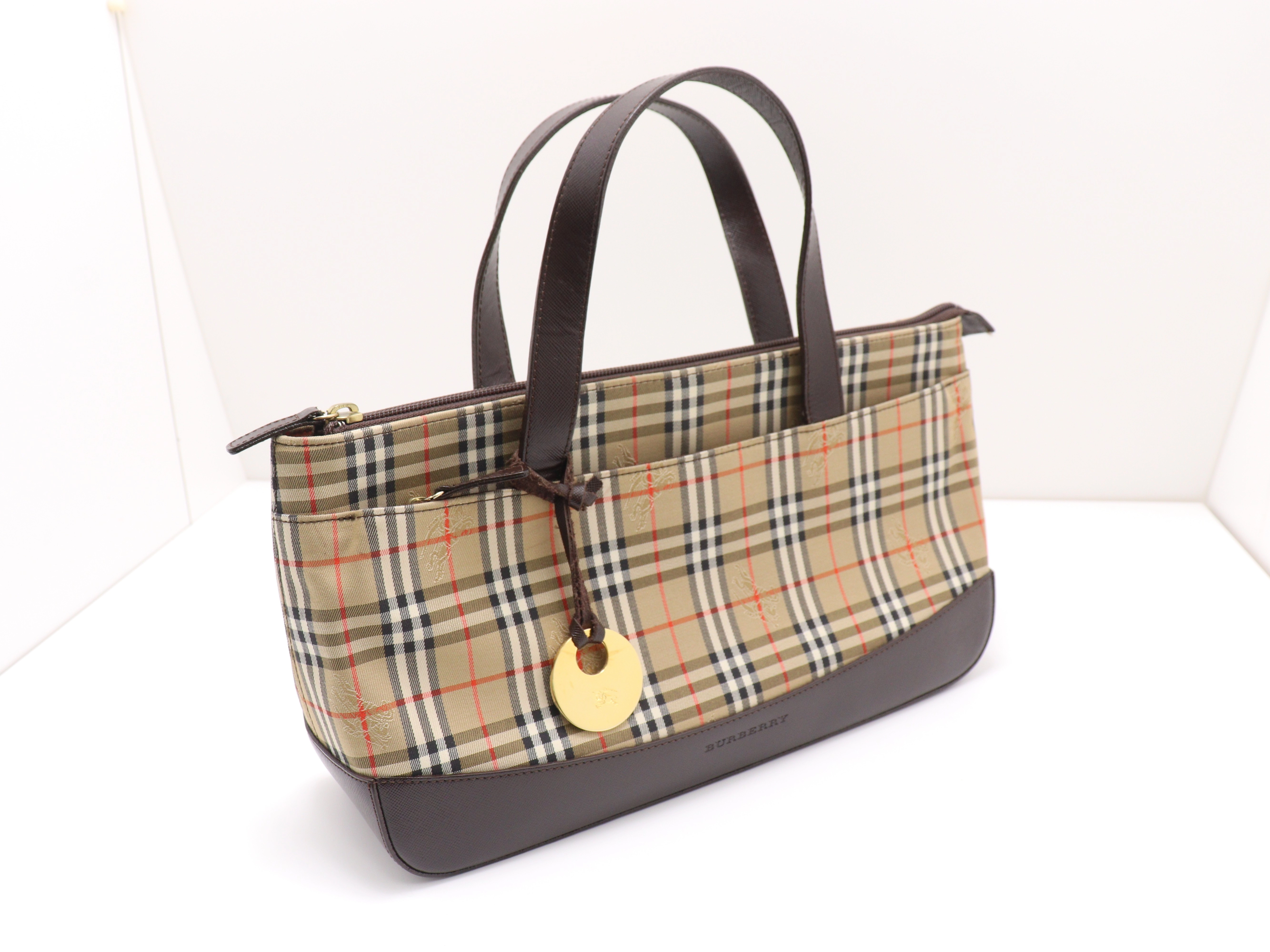BURBERRY バーバリー チェック柄ハンドバッグ ダークブラウン/ベージュ キャンバス/レザー 【471】 Y