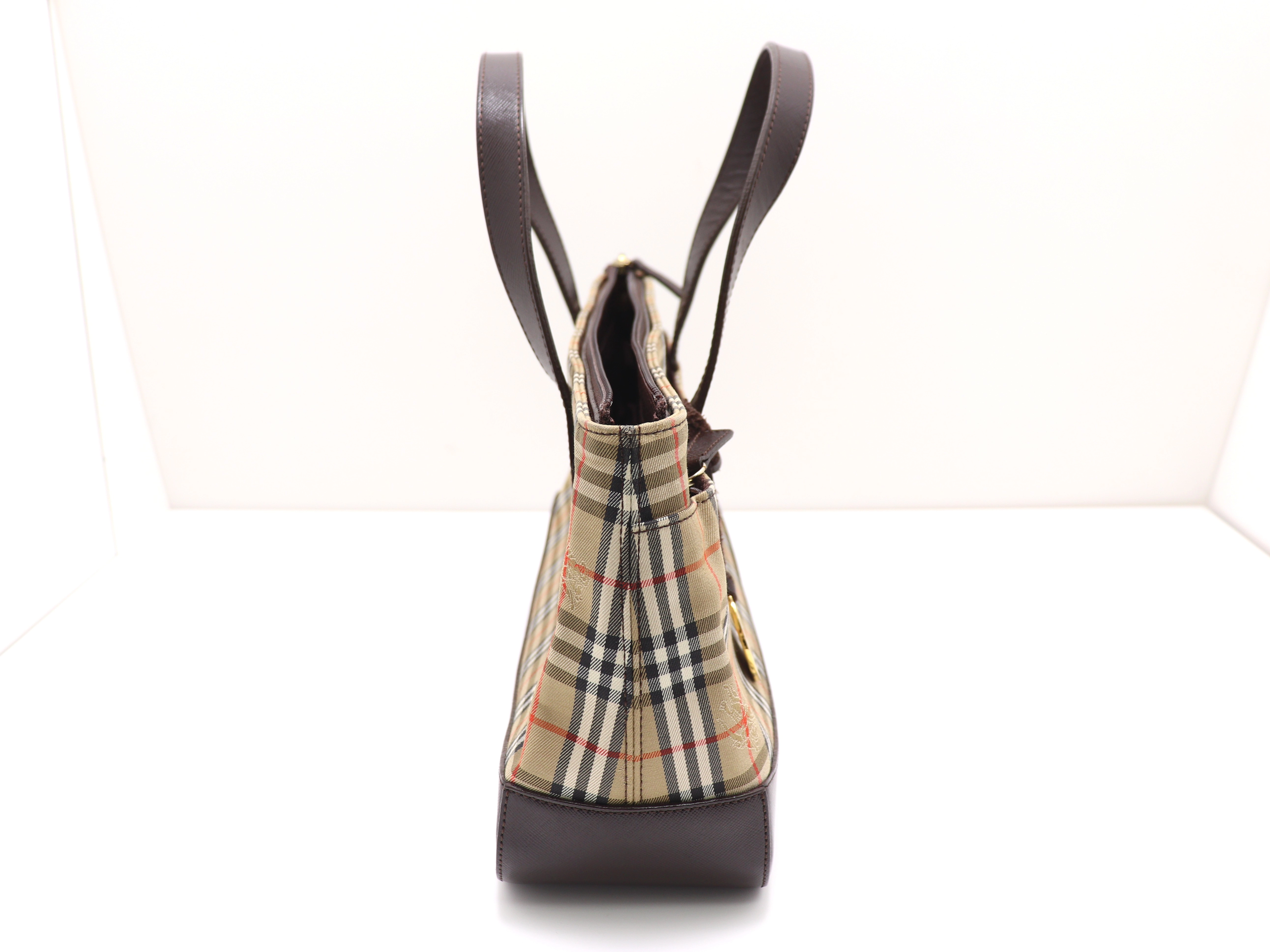 BURBERRY バーバリー チェック柄ハンドバッグ ダークブラウン/ベージュ キャンバス/レザー 【471】 Y