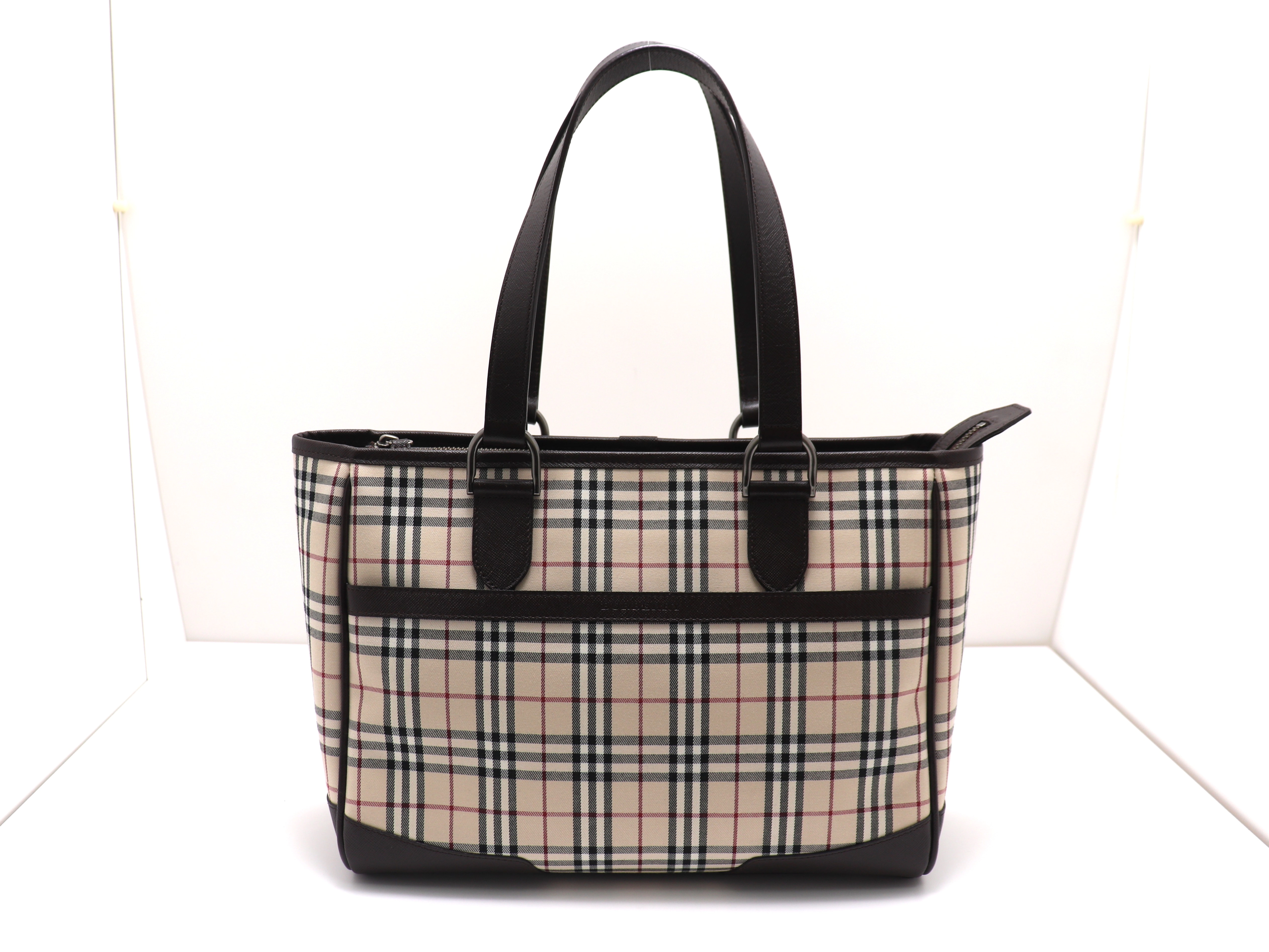BURBERRY　バーバリー　ノバチェック トートバッグ ベージュ/ダークブラウン キャンバス/レザー　【471】　Y