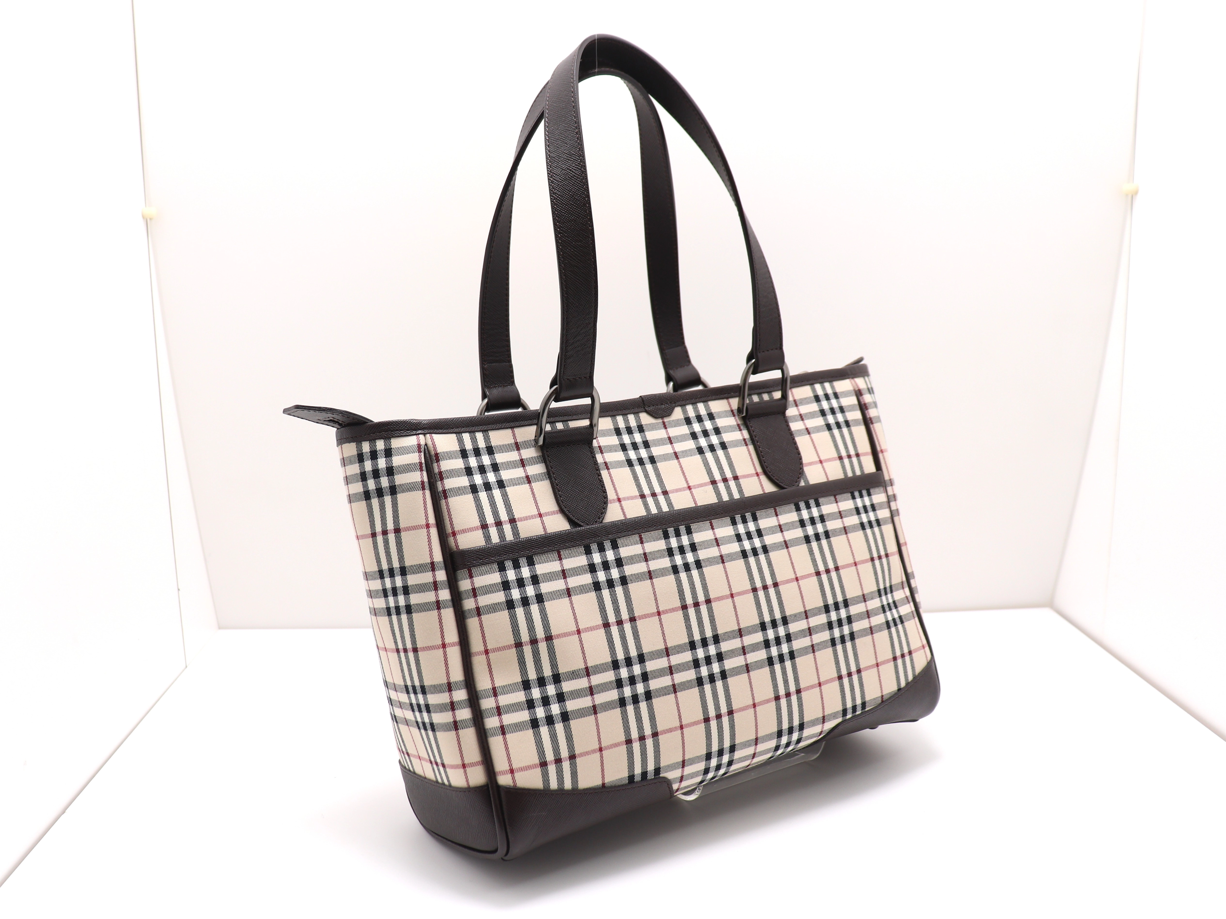 BURBERRY　バーバリー　ノバチェック トートバッグ ベージュ/ダークブラウン キャンバス/レザー　【471】　Y