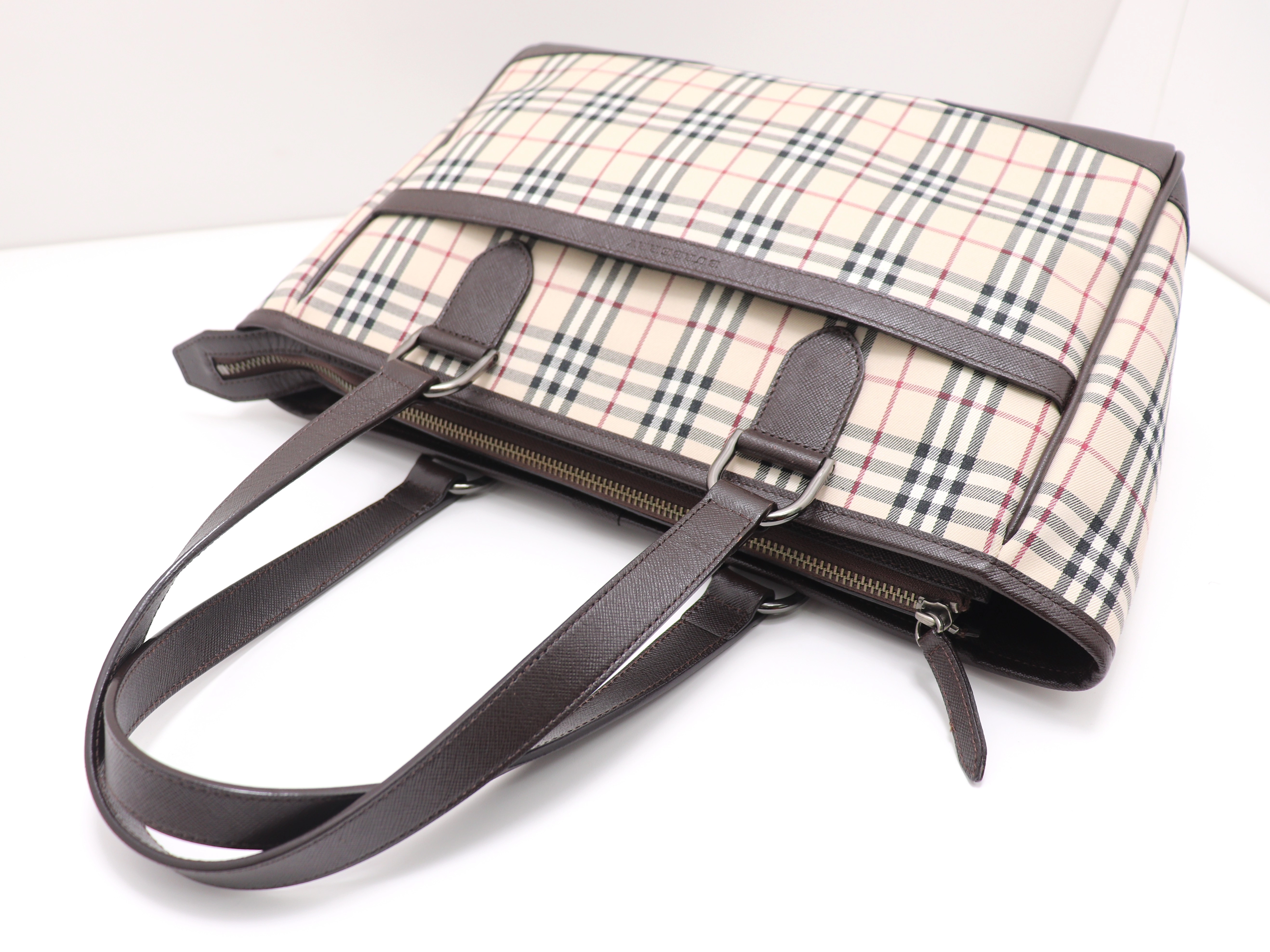 BURBERRY　バーバリー　ノバチェック トートバッグ ベージュ/ダークブラウン キャンバス/レザー　【471】　Y