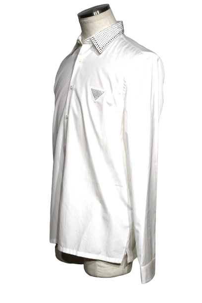 PRADA プラダ トライアングル ロゴ ボタン シャツ メンズ15（38） ホワイト コットン ラインストーン （2143200546355）【200】