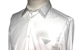 PRADA プラダ トライアングル ロゴ ボタン シャツ メンズ15（38） ホワイト コットン ラインストーン （2143200546355）【200】