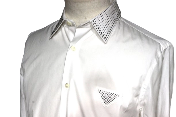 PRADA プラダ トライアングル ロゴ ボタン シャツ メンズ15（38） ホワイト コットン ラインストーン （2143200546355）【200】