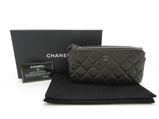 超美品★CHANEL キャビアスキン　マトラッセ☆チェーンウォレット　カーキ マトラッセ シャネル CHANEL チェーンウォレット ミニ