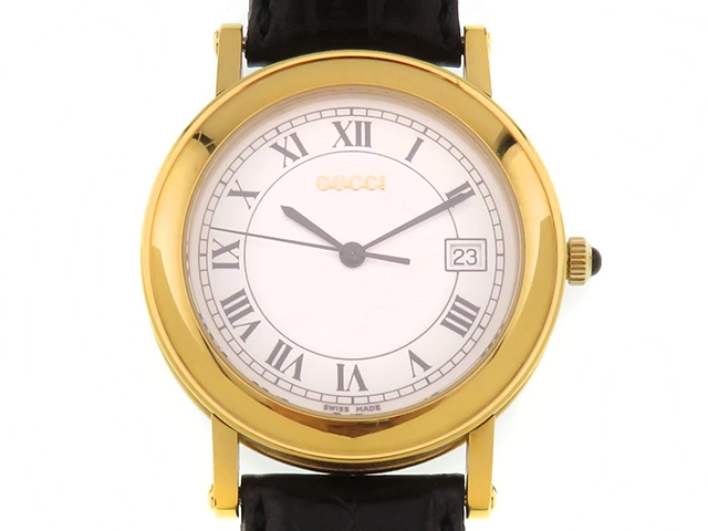 GUCCI グッチ 7200M ゴールドメッキ/革 ホワイト文字盤 クオーツ メンズ時計 2121000024259【207】