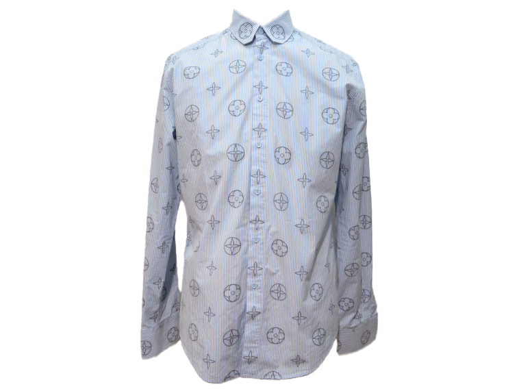 【カジュアル上品】Louis Vuitton★モノグラムストライプシャツ LOUIS VUITTON ルイヴィトン 総柄ストライプ長袖シャツ メンズS