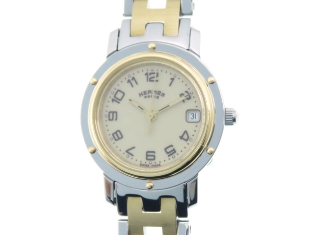HERMES エルメス クリッパー コンビ アイボリー文字盤 GP/SS クォーツ