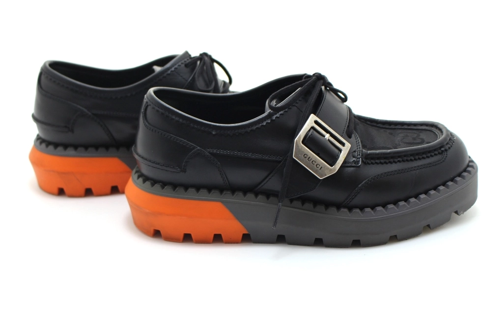 GUCCI グッチ 靴 シングルモンクローファー メンズ7ハーフ（約26.5cm） ブラッ/グレー/オレンジ 739868 2023AW
