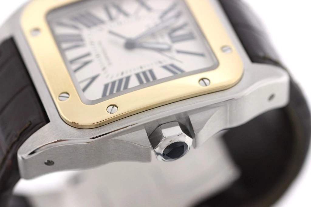 Cartier カルティエ 腕時計 サントス100 LM W20077X7 K18イエローゴールド/スティール/アリゲーターベルト シルバー文字盤 自動巻き【472】SJ