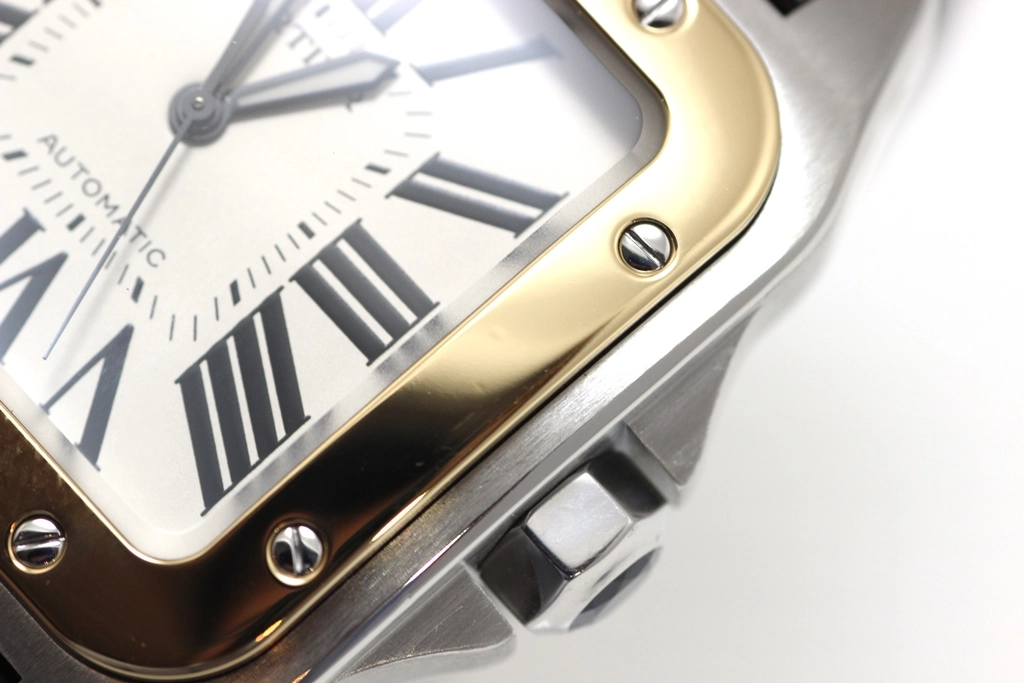 Cartier カルティエ 腕時計 サントス100 LM W20077X7 K18イエローゴールド/スティール/アリゲーターベルト シルバー文字盤 自動巻き【472】SJ