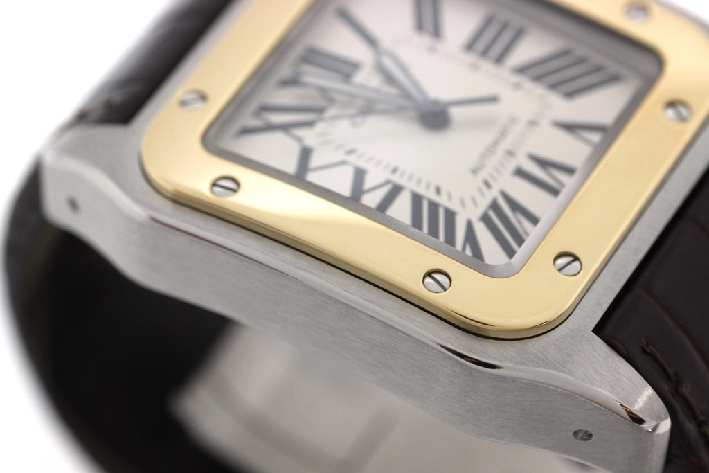 Cartier カルティエ 腕時計 サントス100 LM W20077X7 K18イエローゴールド/スティール/アリゲーターベルト シルバー文字盤 自動巻き【472】SJ