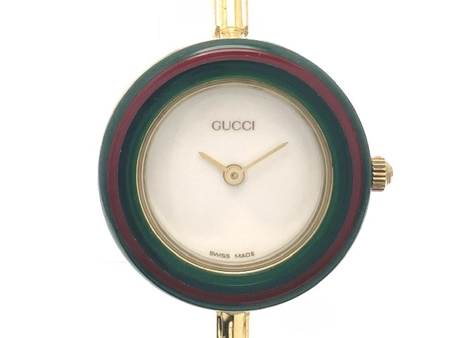 GUCCI ホワイト文字盤 グリーン革ベルト ゴールドベゼル レディース時計 GUCCI グッチ レディースウォッチ 腕時計 シェリー クオーツ