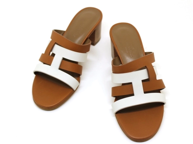 HERMES　エルメス　靴　アミカ　サンダル　レディース35　ブラウン/ホワイト　レザー　2147100486957　【200】